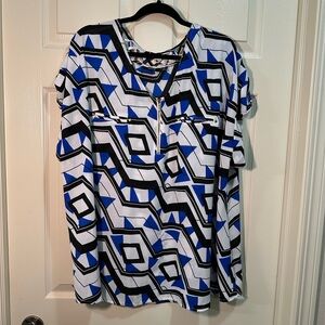 Apt. 9 Short Sleeve Blouse Shirt Top 3X Blue Black V-Neck Quarter Zip Geometric